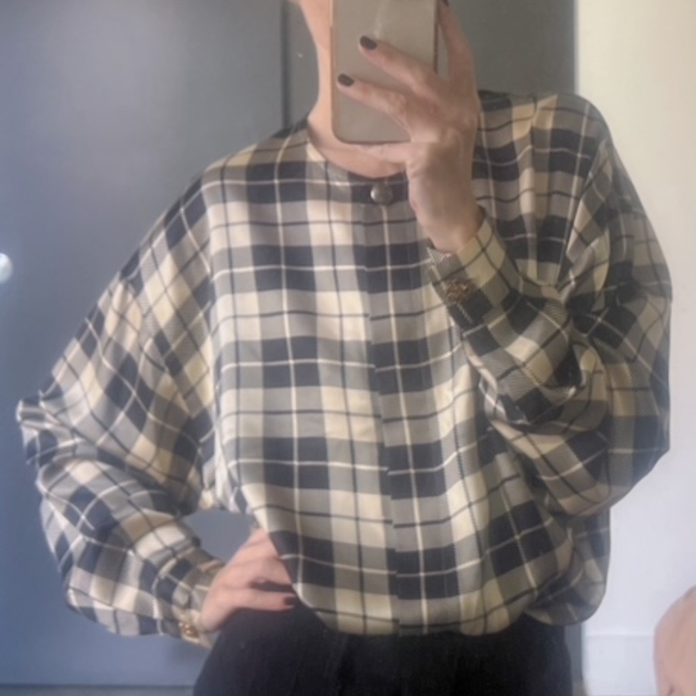 Alfred Sung 100% silk plaid top
